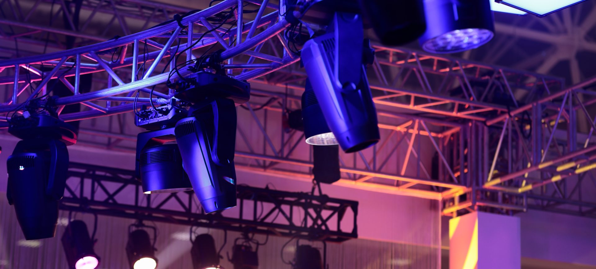 Lighting truss structures and professional stage light fixtures. Selective focus.